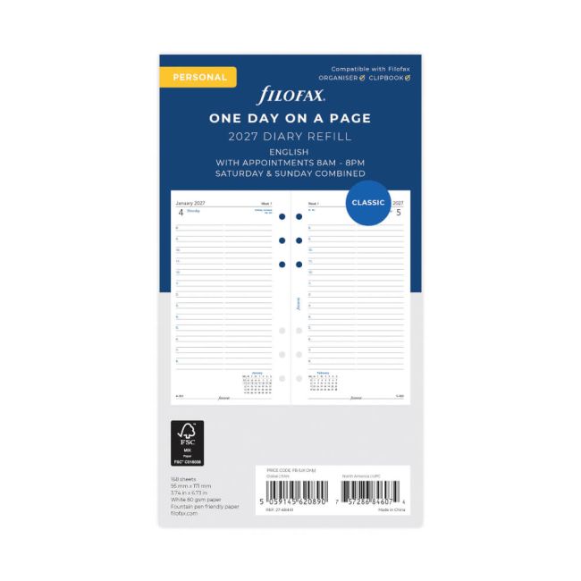 Filofax Refill Day Per Page Personal White 2027 27-68441 image 1