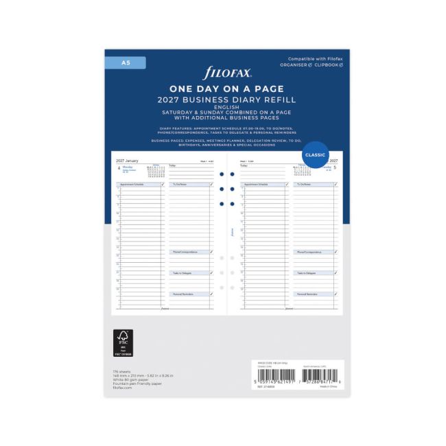 Filofax Refill Day Per Page A5 White 2027 27-68519 image 1