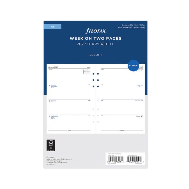 Filofax Refill Week To View A5 White 2027 27-68522 image 1