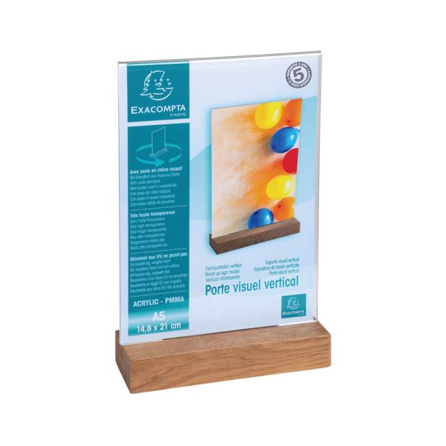 Exacompta Portrait Stand Up Sign Holder A5 with Wood Base 85258D image 3