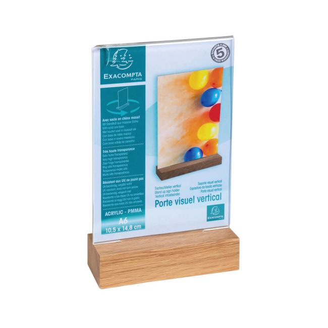 Exacompta Portrait Stand Up Sign Holder A6 with Wood Base 86258D image 3
