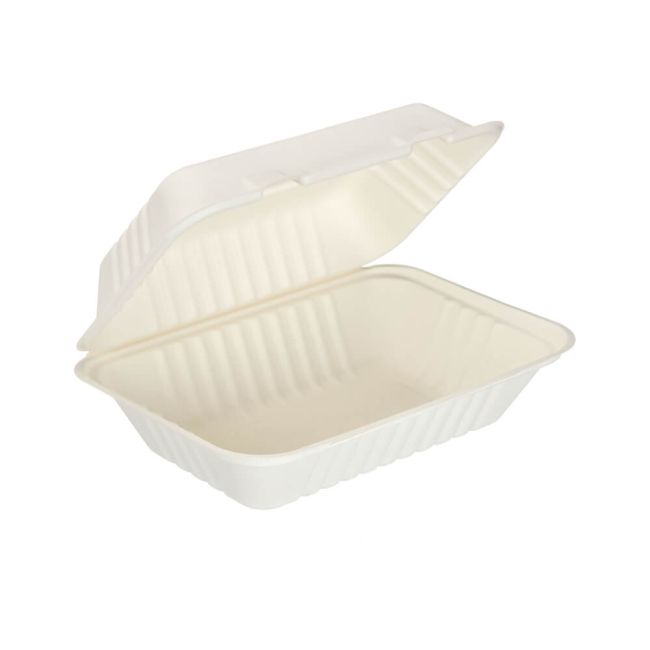 Go-Pak Bagasse Clamshell Meal Box Large 9x6 Inch White (Pack of 250) D06003 image 1
