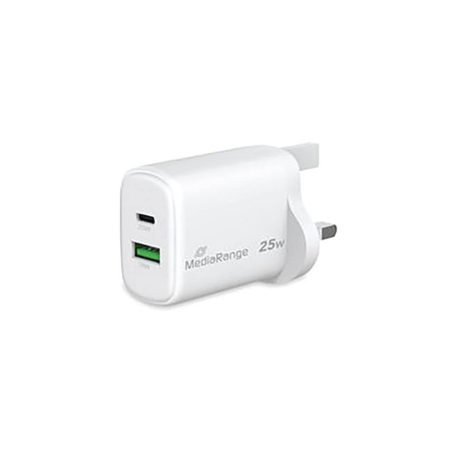 MediaRange GaN Fast Charging Adapter UK Plug 1xUSB-C and 1xUSB-A 25W White MRMA112-UK image 2