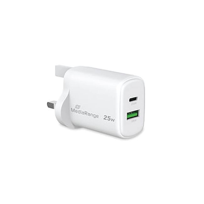 MediaRange GaN Fast Charging Adapter UK Plug 1xUSB-C and 1xUSB-A 25W White MRMA112-UK image 3