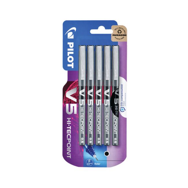 Pilot V5 Hi-Tecpoint Liquid Ink Rollerball Pen Fine Black (Blister Pack of 5) image 1
