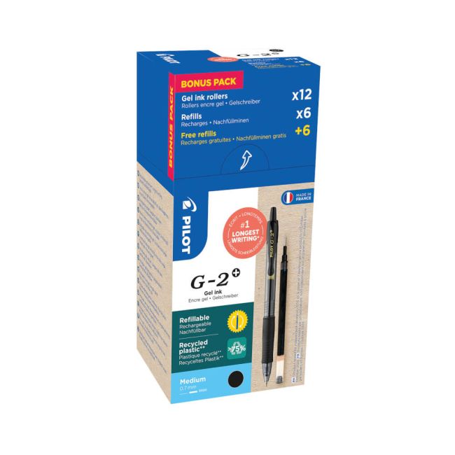 Pilot G-2 Plus Begreen Greenpack Gel Ink Rollerball Medium Black with 6 Refills (Pack of 12) WLT5561 image 1