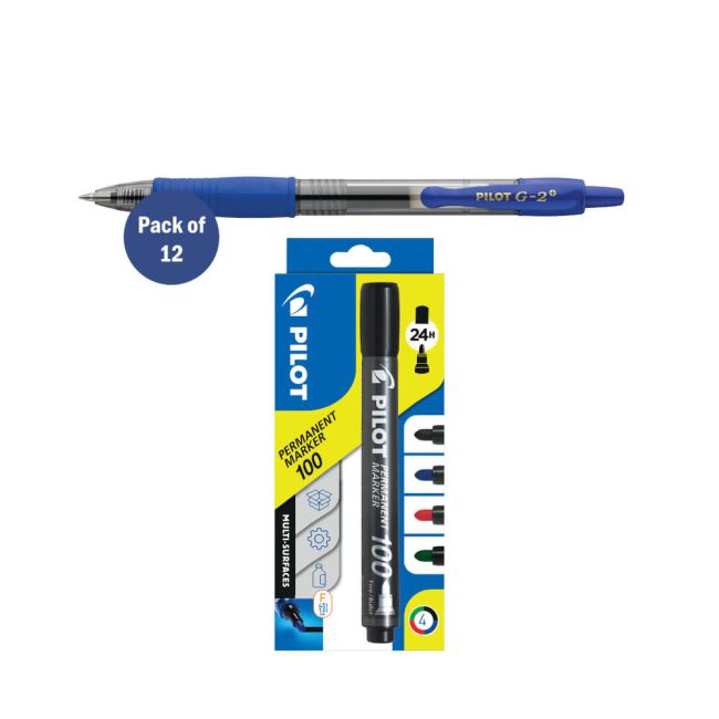 Pilot G-2 Gel Ink Rollerball Pen Medium Blue Pack of 12 FOC x4 Pilot Assorted Markers image 1