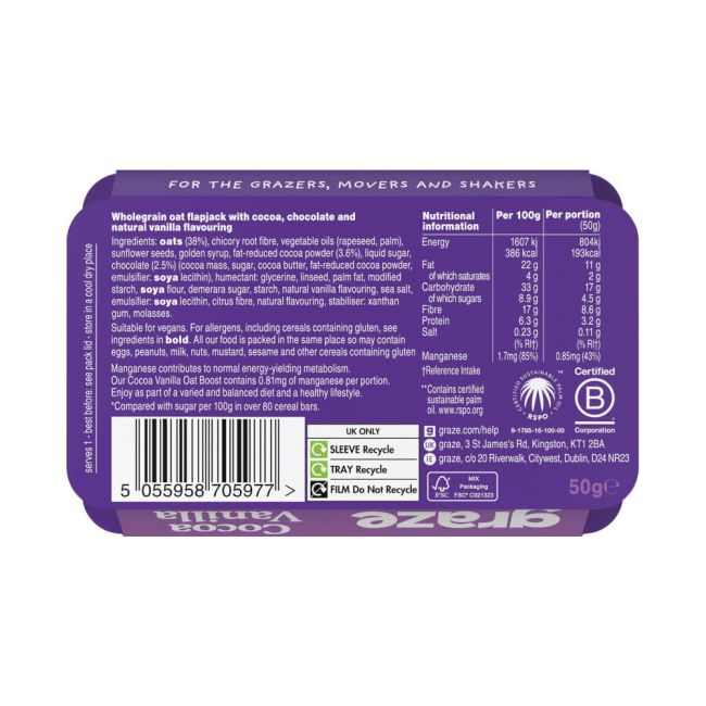 Graze Cocoa Vanilla Oat Boosts Flapjack Snack 50g (Pack of 9) C009513 image 2