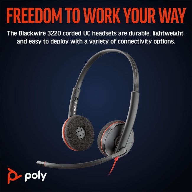 Poly Blackwire 3220 Stereo USB-C Black Headset +USB-C/A Adapter Bulk 8X2J9A6 image 2