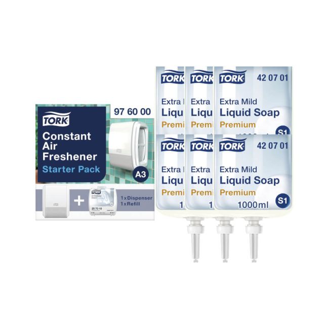 Tork Extra Mild Liquid Soap Refill S1 Non Perfumed 1L (Pack of 6) + FREE Air Freshener Pack image 1
