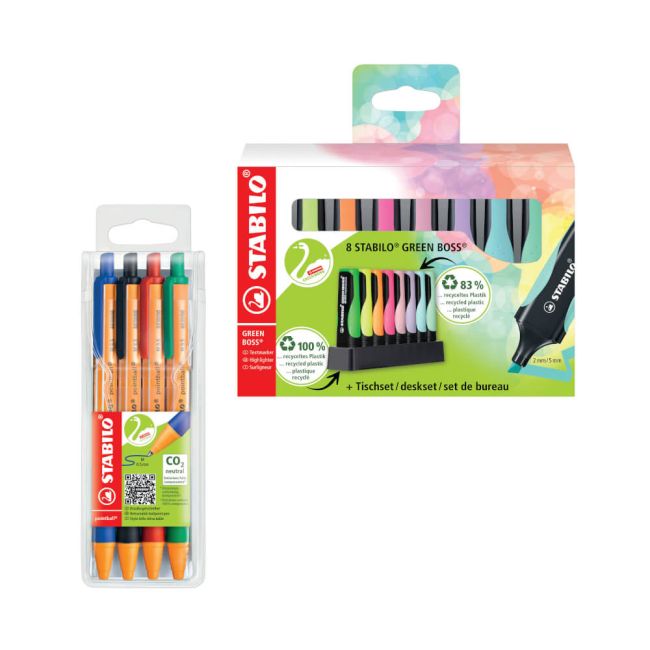 Stabilo Green Boss Highlighter Desk Set Assorted (Pack of 8) + FOC Assorted Pointball Pens image 1