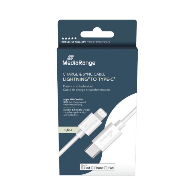 MediaRange Apple Lightning to USB Type-C Charge + Sync Cable 1m White image 5