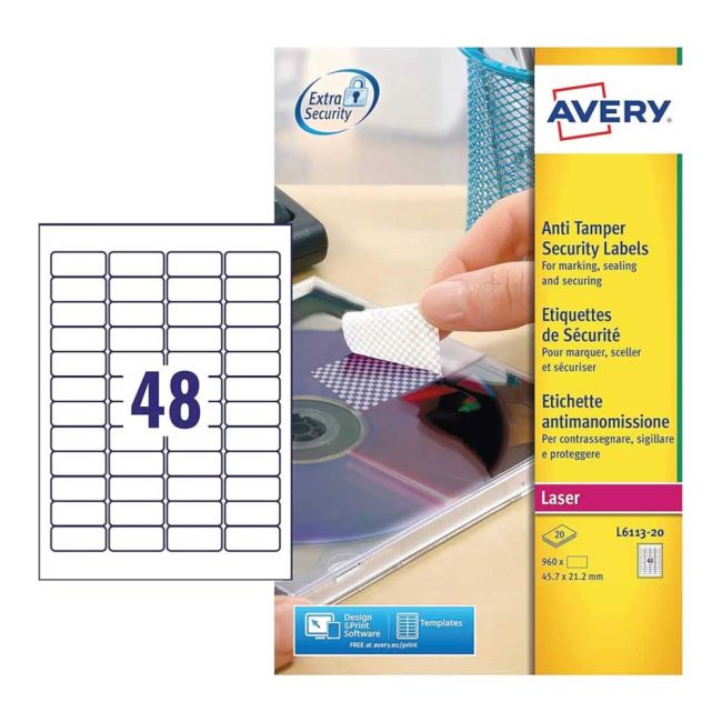 Avery Anti‐Tamper Security Labels - 20 Sheets (48 Labels Per Sheet) L6113-20