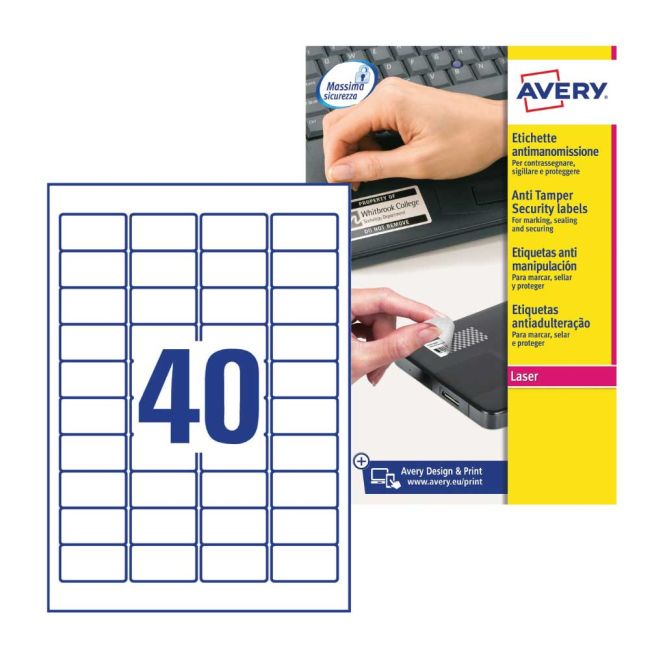 Avery No Peel Anti-Tamper Permanent Label - 20 Sheets (40 Labels Per Sheet) L6145-20