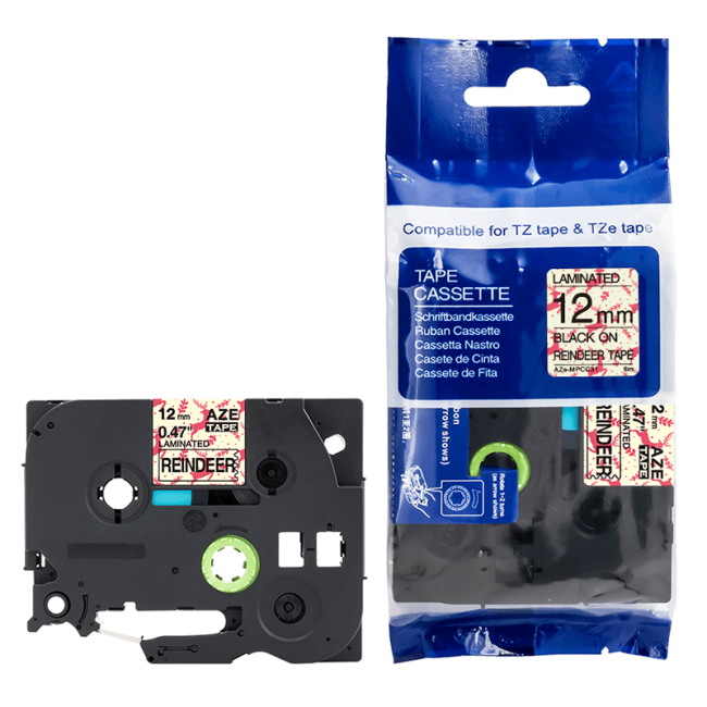 Compatible Brother TZe-MPCC31  12mm Black on Reindeer Pattern Tape (8 Meters)