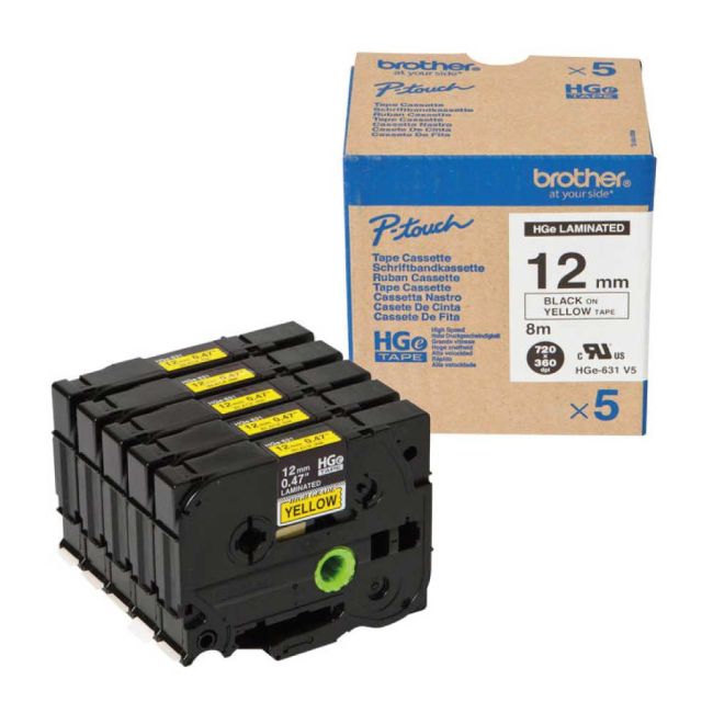 Brother HG631V5 12mm Black On Yellow Tape (5 pack) HGE631V5