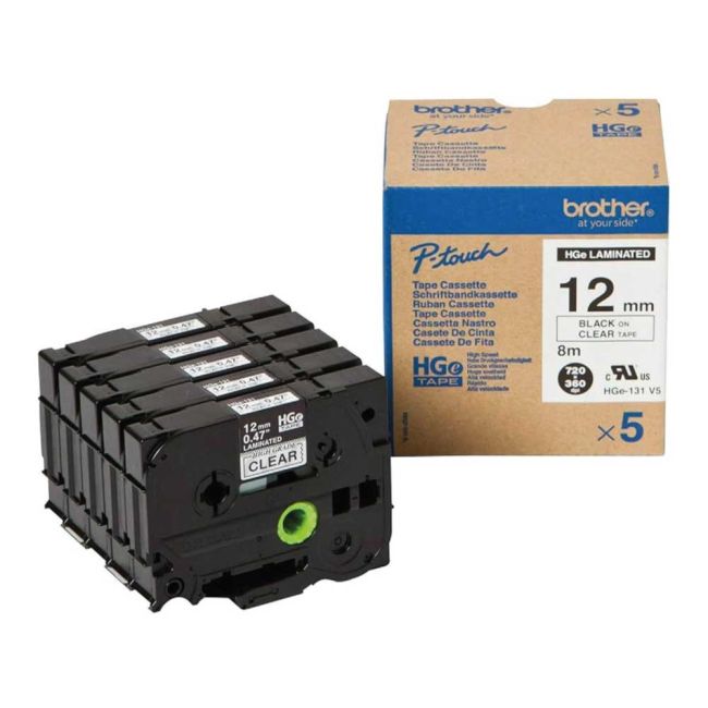 Brother HGE131V5 12mm Black On Clear Tape (5 pack) HG131V5
