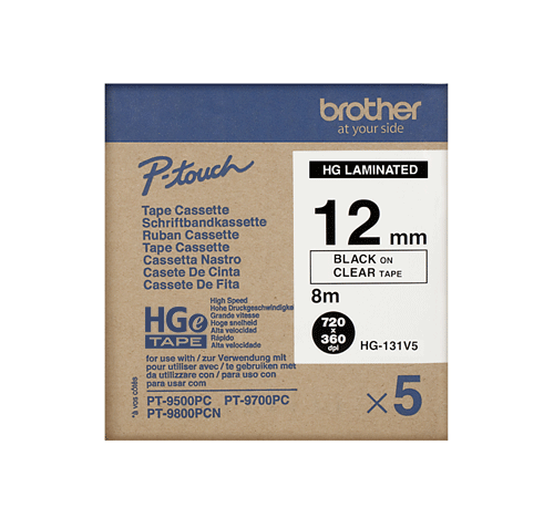 Brother HGe131V5 12mm Black On Clear Tape (5 pack) HG131V5