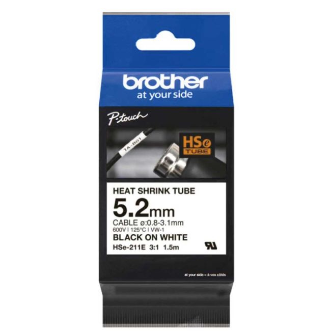 Brother HSe211E 5.2mm x 1.5m Black on White Heat Shrink Tubing Tape