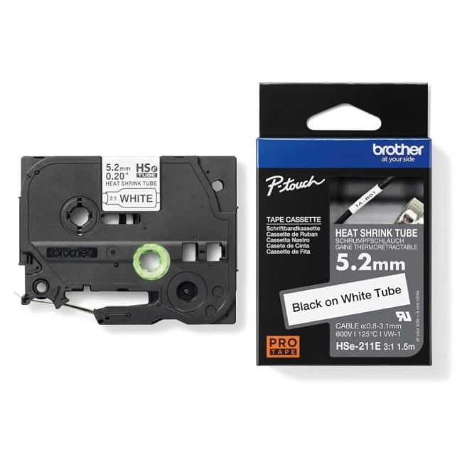 Brother HSe211E 5.2mm x 1.5m Black on White Heat Shrink Tubing Tape