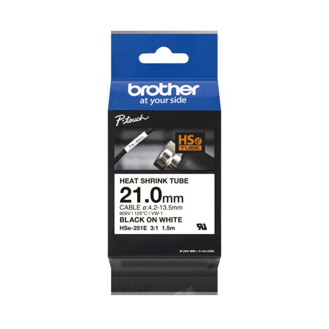 Brother HSe251E 21mm X 1.5m Black On White Heat Shrink Tubing Tape HSE251E