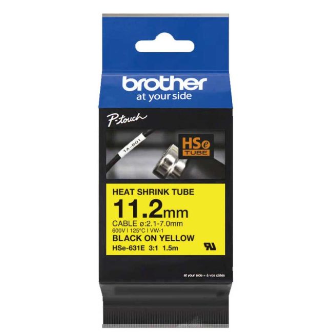 Brother HSe621E 9mm x 1.5m Black on Yellow Heat Shrink Tube Tape HSe621E