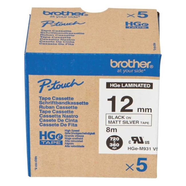 Brother HGM931V5 12mm Black On Silver Tape (5 pack) HGEM931V5