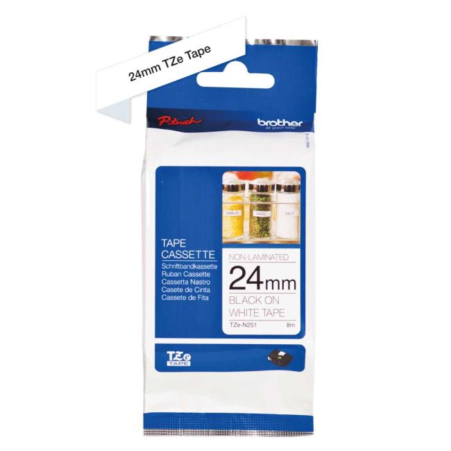 Brother TZeN251 24mm Non Laminated Black On White Tape TZN251