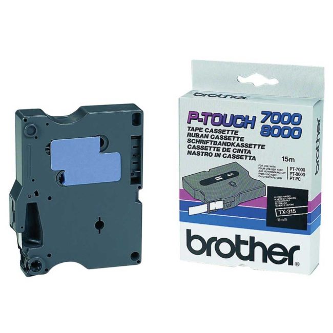 Brother TX315 6mm x 15m White on Black Gloss Tape