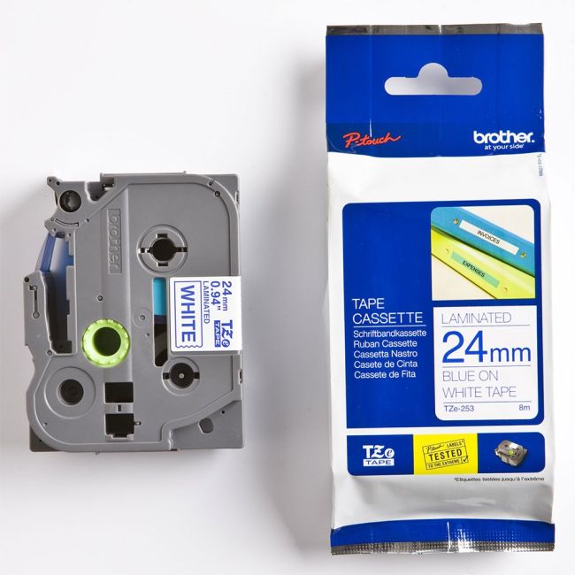 Brother TZe253 24mm x 8m Gloss Blue On White Tape Cassette TZ253