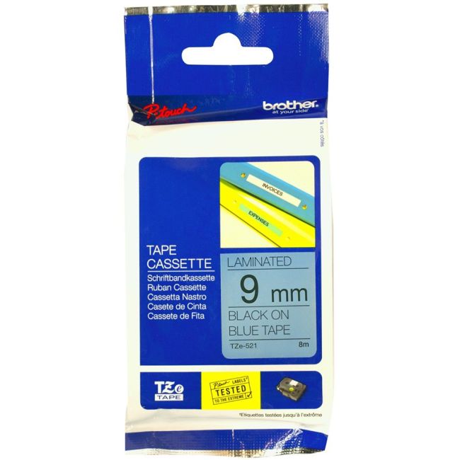 Brother TZe521 9mm x 8m Gloss Black On Blue Tape Cassette TZ521
