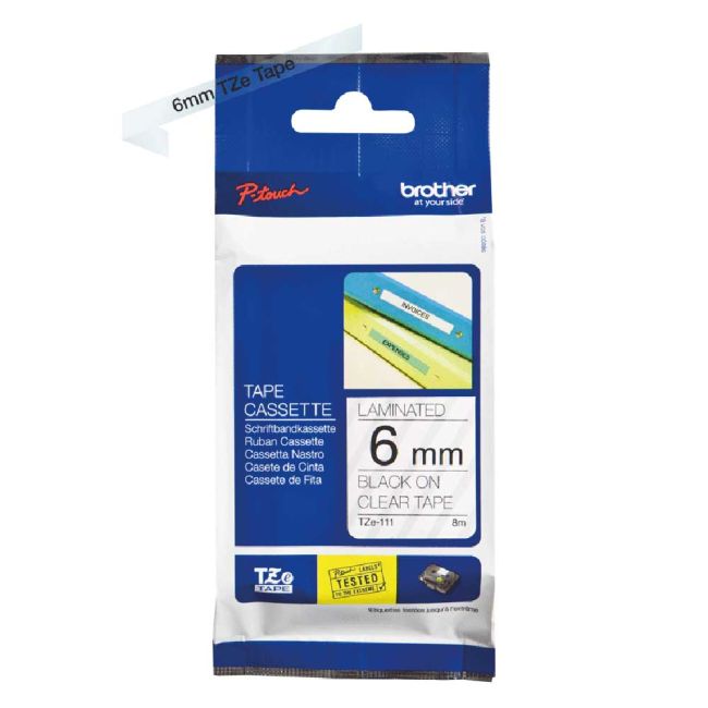 Brother TZe111 6mm Gloss Black On Clear Tape TZ111