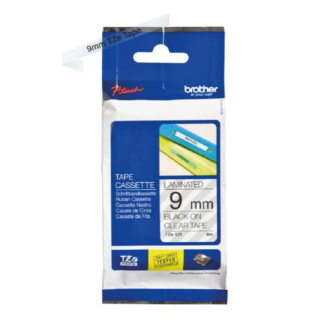 Brother TZe121 9mm Gloss Black On Clear Tape TZ121