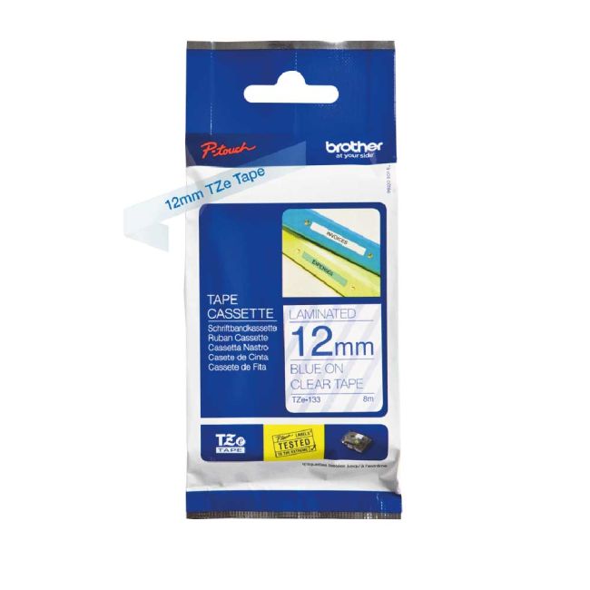 Brother TZe133 12mm Gloss Blue On Clear Tape TZ133