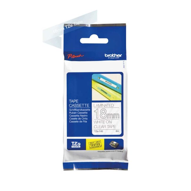Brother TZe145 18mm Gloss White On Clear Tape TZ145