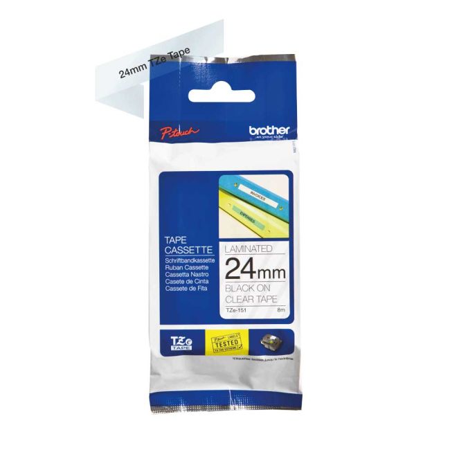 Brother TZe151 24mm Gloss Black On Clear Tape TZ151