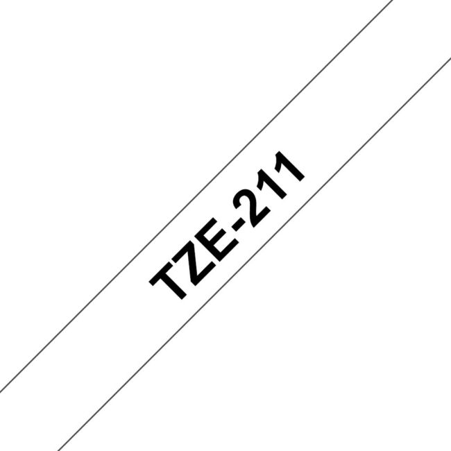 Brother TZe211 6mm Gloss Black On White Tape TZ211