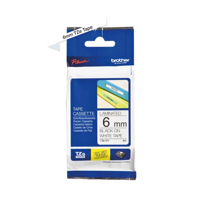 Brother TZe211 6mm Gloss Black On White Tape TZ211