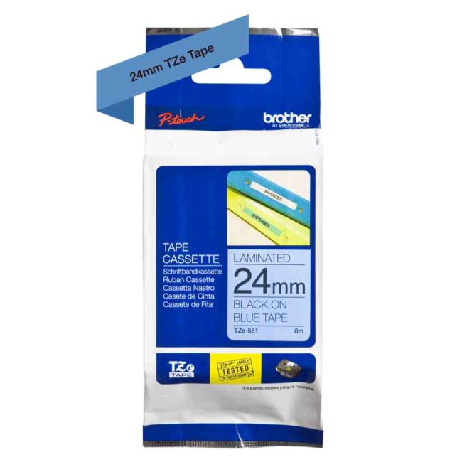 Brother TZe551 24mm x 8m Gloss Black On Blue Tape Cassette TZ551
