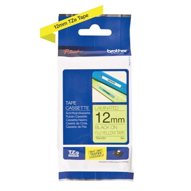 Brother TZeC31 12mm x 8mm Fluorescent Black On Yellow Tape Cassette TZC31