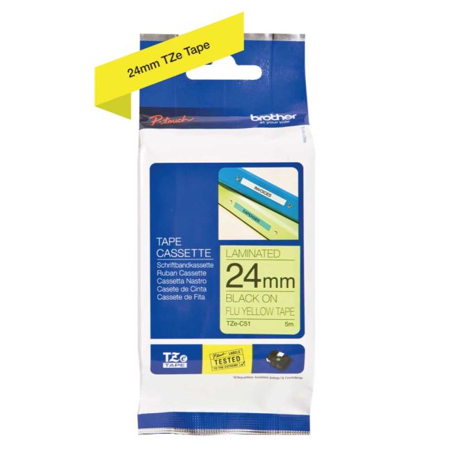 Brother TZeC51 24mm x 8mm Fluorescent Black On Yellow Tape Cassette TZC51