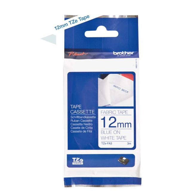 Brother TZeFA3 12mm Fabric Iron-On Tape Blue On White TZFA3