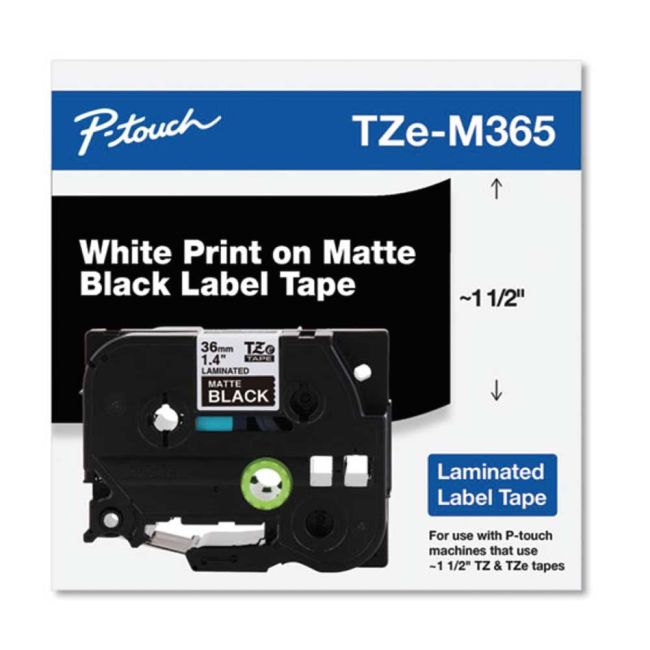 Brother TZeM365 36mm x 8m White on Matt Black Tape TZeM365