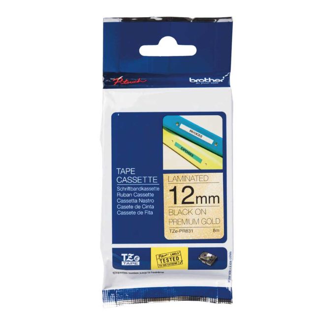 Brother 12mm TZePR831 Black on Premium Gold Tape (8m)