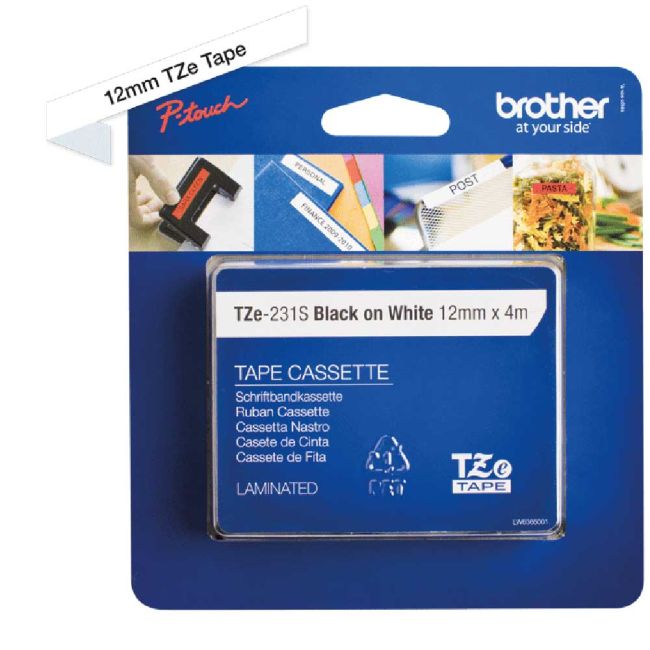 Brother TZe231S 12mm x 4m Gloss Black On White Tape TZ231S