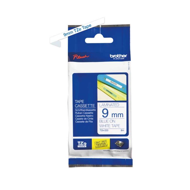 Brother TZe223 9mm Gloss Blue On White Tape TZ223