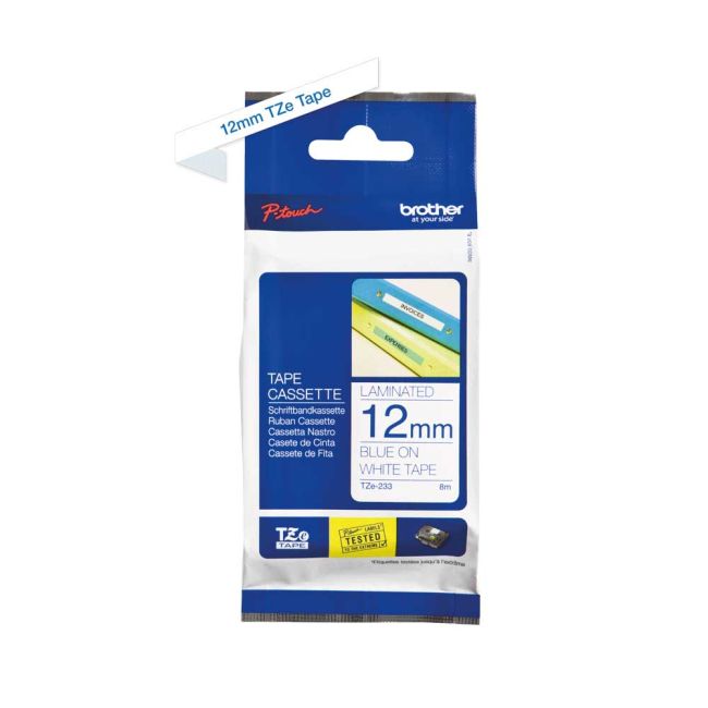 Brother TZe233 12mm Gloss Blue On White Tape TZ233