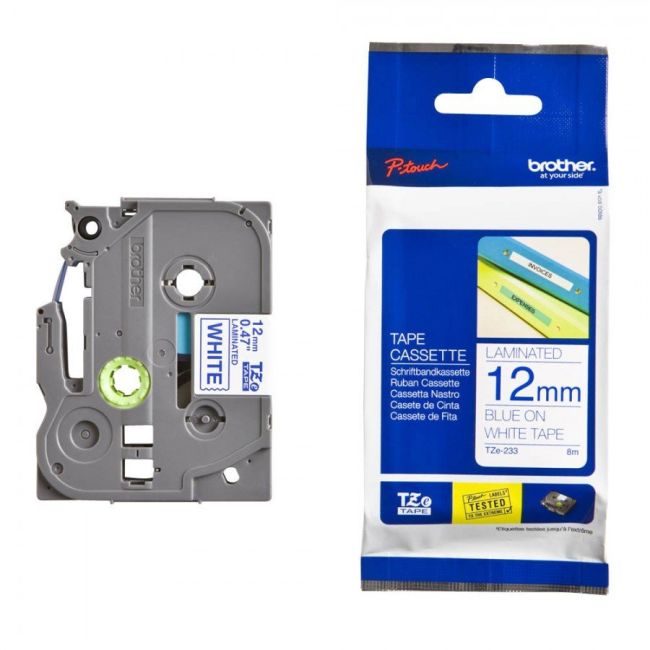 Brother TZe233 12mm Gloss Blue On White Tape TZ233