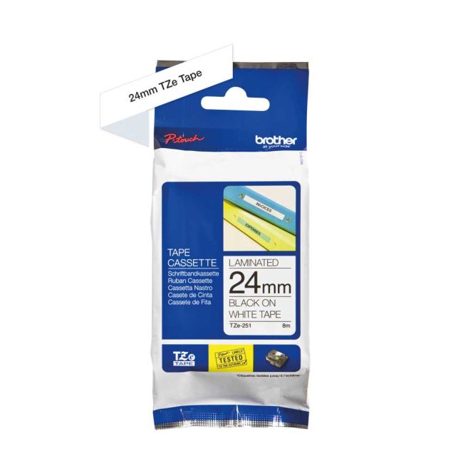 Brother TZe251 24mm x 8m Gloss Black On White Tape Cassette TZ251