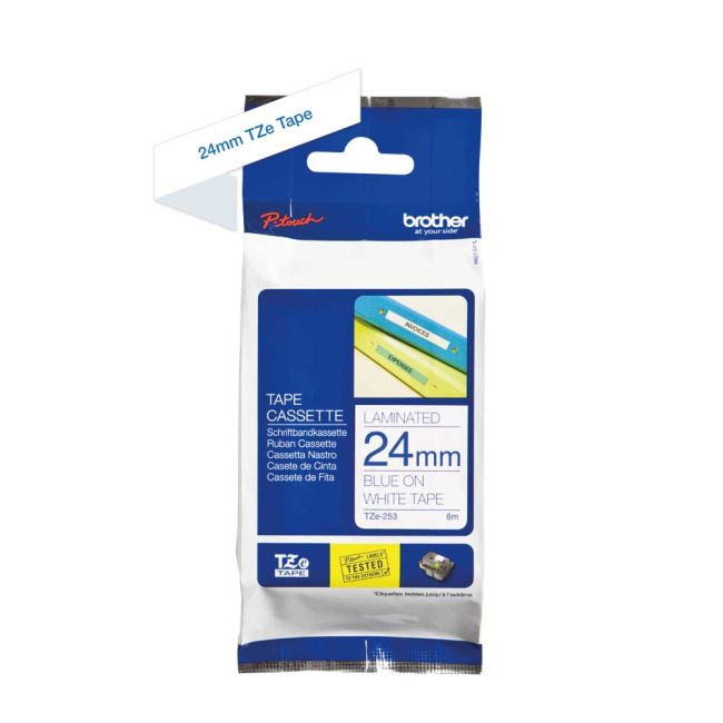 Brother TZe253 24mm x 8m Gloss Blue On White Tape Cassette TZ253